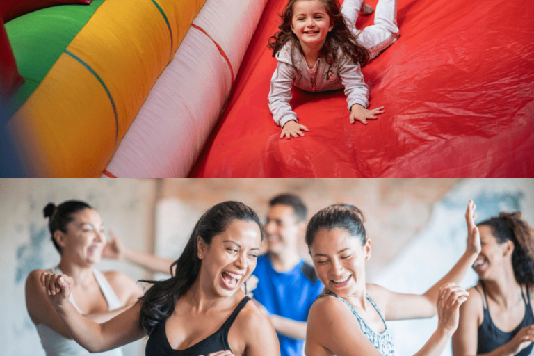 Child on bouncy castle slide and women in fun fitness class