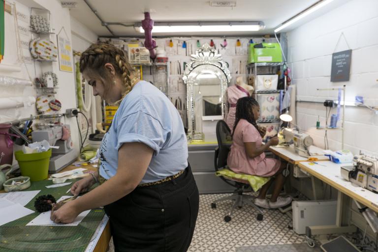 Two women working in a studio