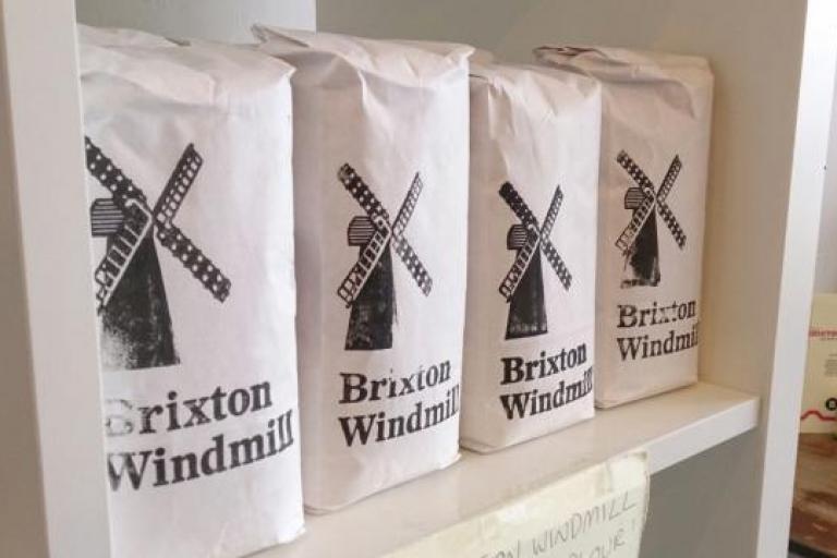 Brixton windmill flour bags filled with flour for baking