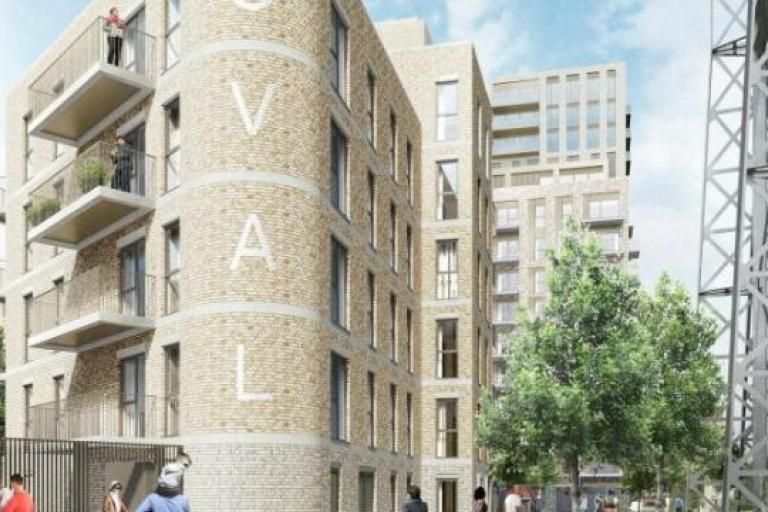Graphic design of gas works including buildings with people walking