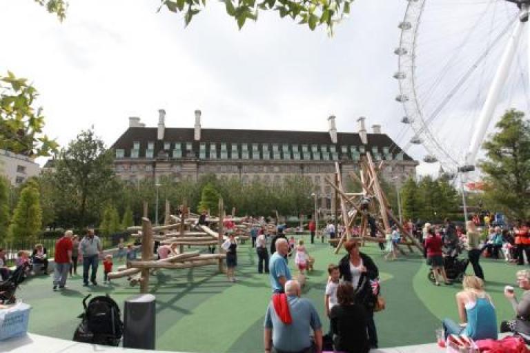 The playground at Jubilee gardens, with the London eye partially visible on the right of shot
