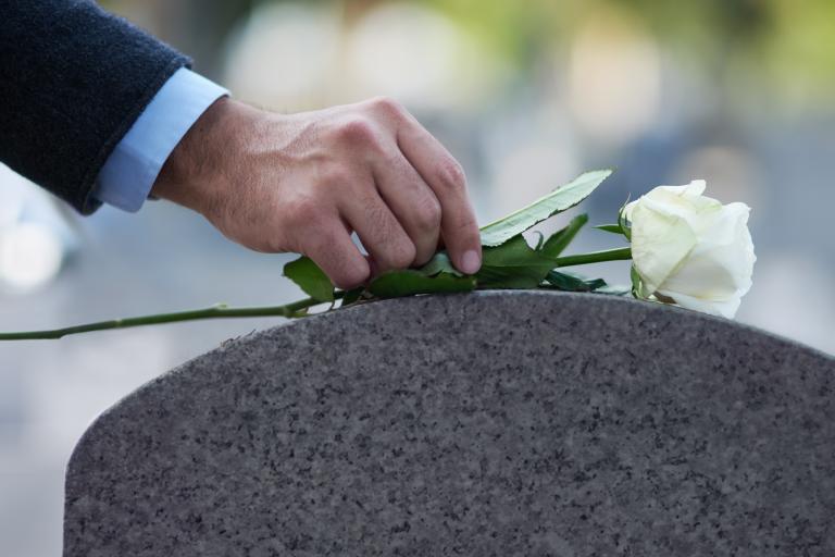 Hand laying white rose on gravestone