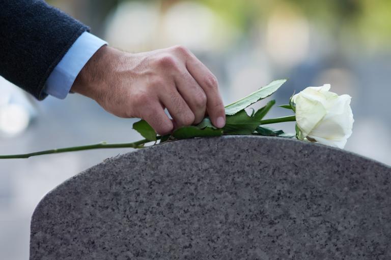 Hand laying white rose on gravestone