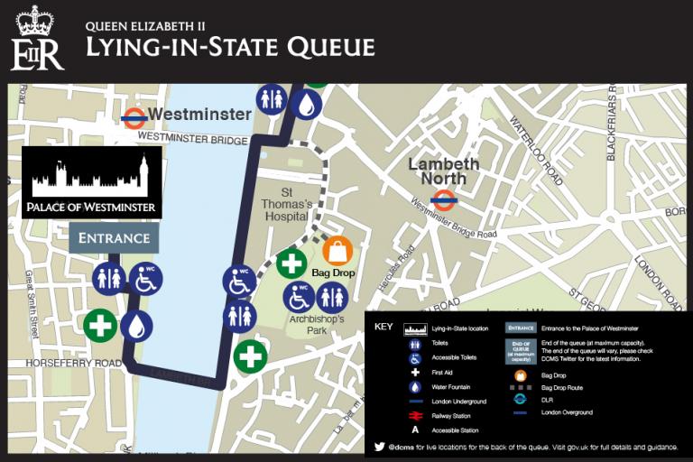 Map of the western end of the Lying-in-State queue, covering the Albert Embankment and Palace of Westminster