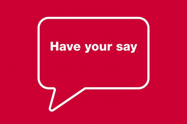 Have your say graphic with pink background