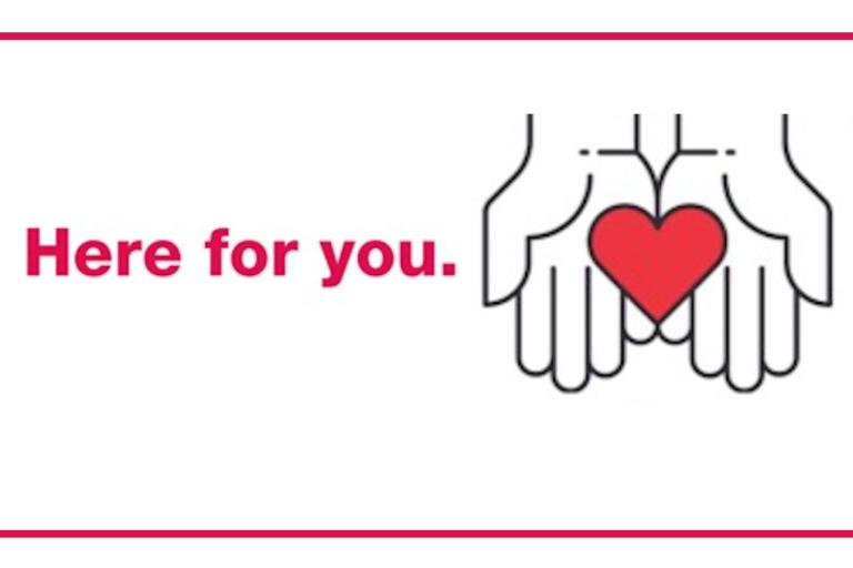 Here for you pink text with white hands with black outline holding a pink heart with a pink border