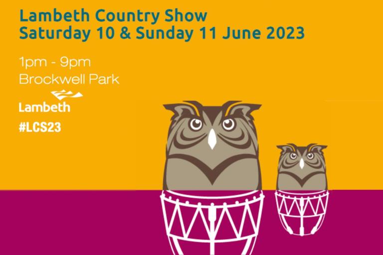 The Lambeth Country Show flyer with mustard and maroon colours with owls