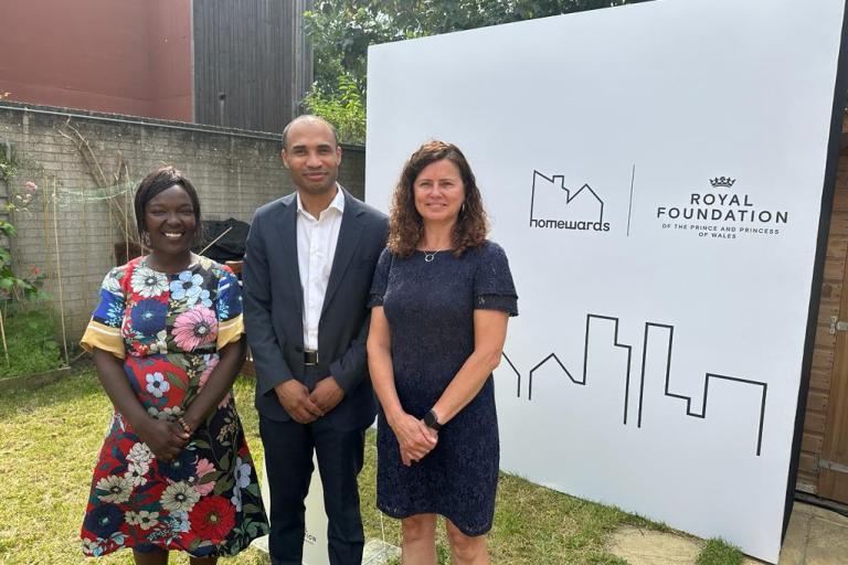 Councillors and the Chief Executive at the launch of Homeward, standing in front of a white pop up banner featuring the campaign's logo