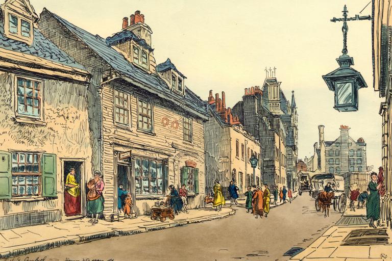 Colourful sketch of old street