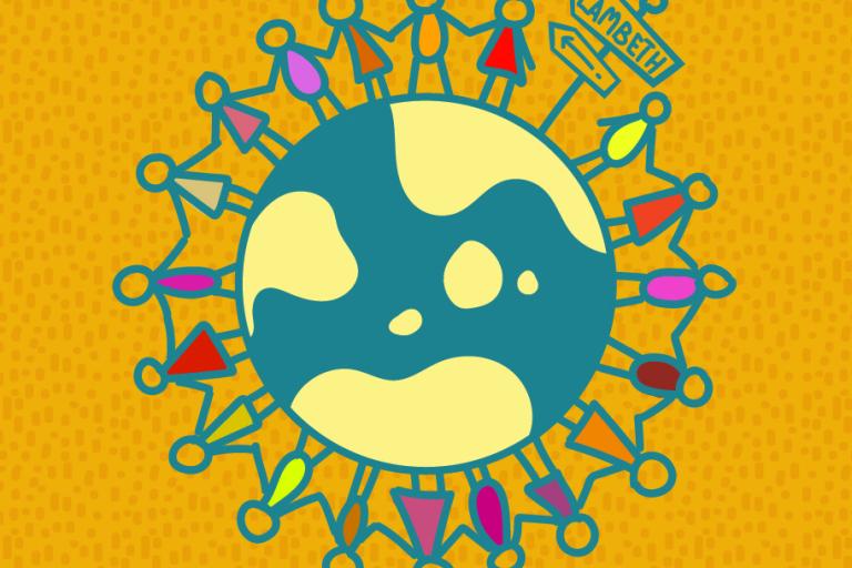 Stick figure children holding hands around the globe on an orange background