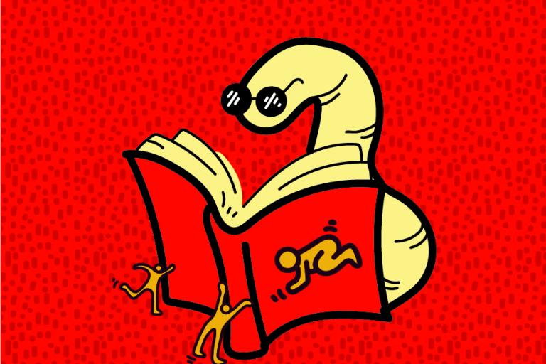 Drawn figure wearing sunglasses reading a book