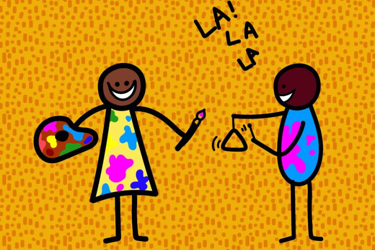 Two stick figures painting and playing a musical instrument