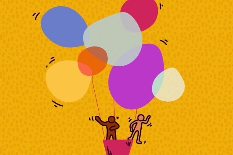 Hot air balloon drawing on a orange background