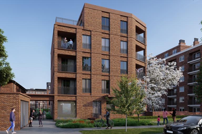 CGI of new estate building with people on the balcony