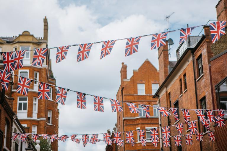 Union Jack bunting hanging across street
