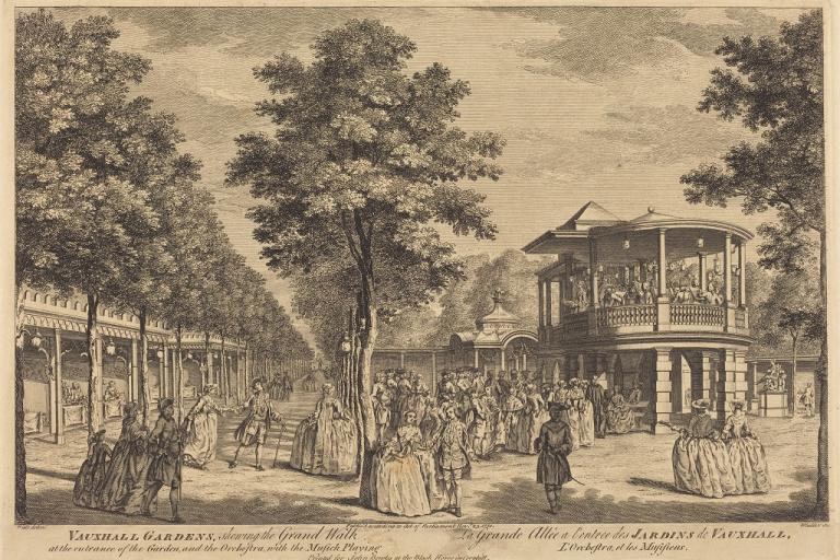 A vintage photo of vauxhall gardens with people wandering around