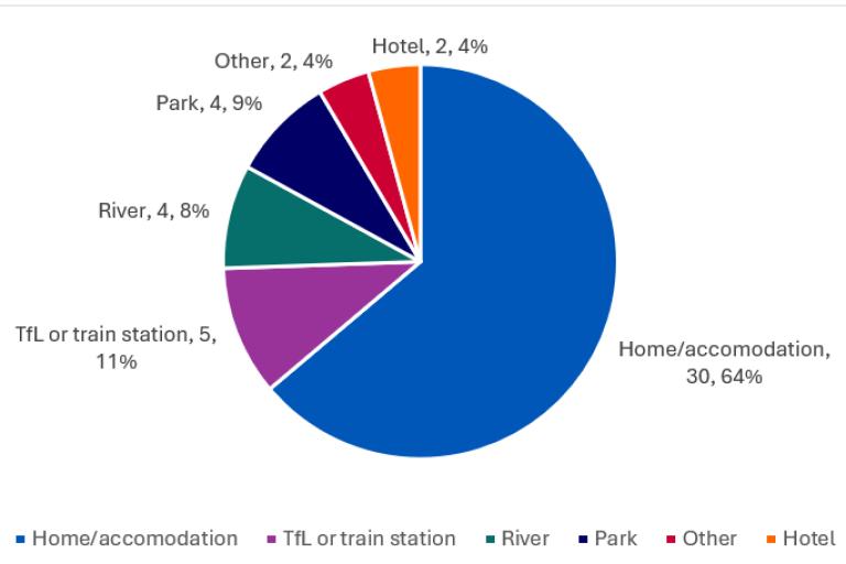 A pie chart showing suicide death in Lambeth from 2021 to 2023 by location and death