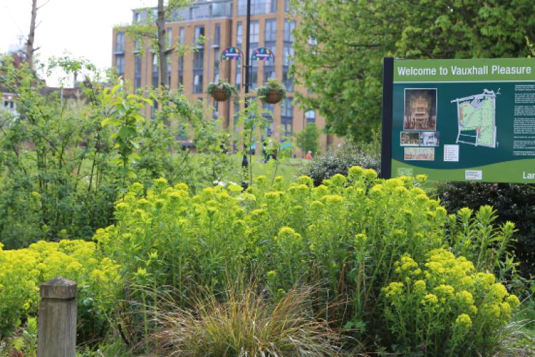 Vauxhall Pleasure Gardens entrance with green plants