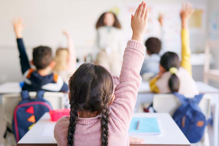 Pupils raising hands in classroom
