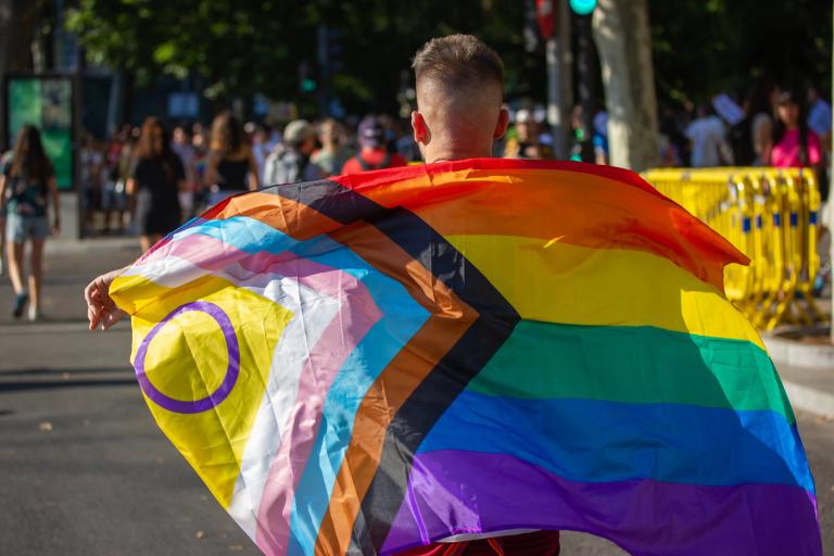 Person wearing Pride progress flag at outdoor event