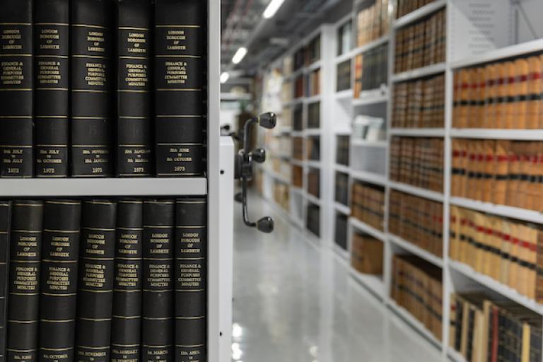 A hallway with books at the Lambeth Archive