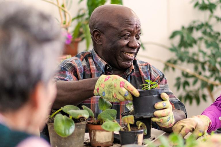 People potting plants at a workshop