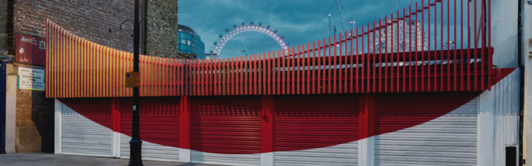 Graphic design image of granby space shutters with london eye in the background