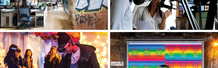 Collage of 4 images of a woman singing, a woman working at a desk, people wearing virtual reality headgear and a billboard under a bridge
