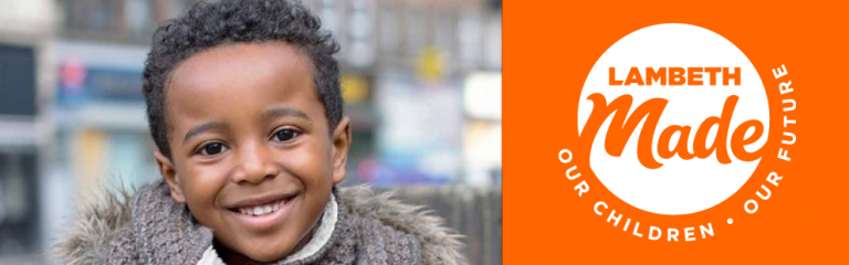 split image of Young boy smiling at camera and orange and white lambeth made logo 