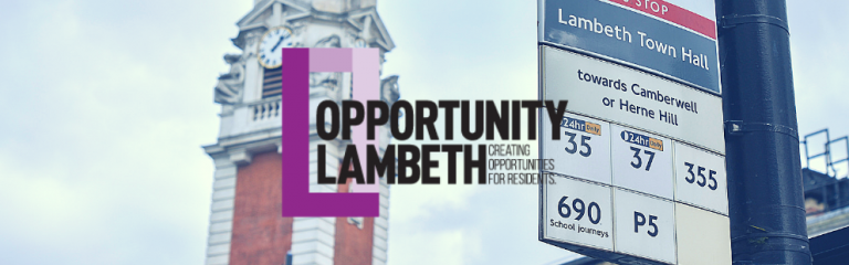 Top half of Lambeth Town Hall clock tower and opportunity Lambeth logo