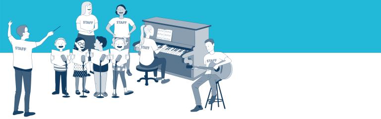 Illustration of staff and children in a music lesson