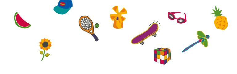 Graphic images of flowers, hat, skateboard on white background