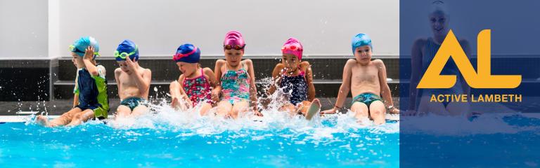 Children and adult sitting on side of swimming pool