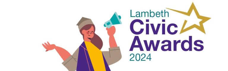 Woman holding megaphone with text reading Lambeth Civic Awards 2024