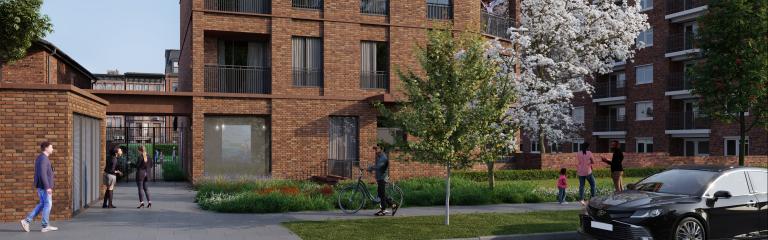 CGI of new estate building with people on the balcony