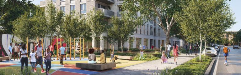Road leading to the new build Somerleyton Estate with children playing in the playground in front.
