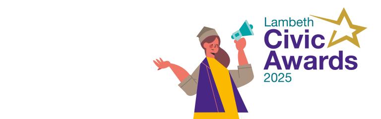 Woman with a megaphone and text with Lambeth Civic Awards 2025