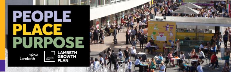 Growth Plan graphic - People Place Purpose text with people enjoying outdoor space in Waterloo