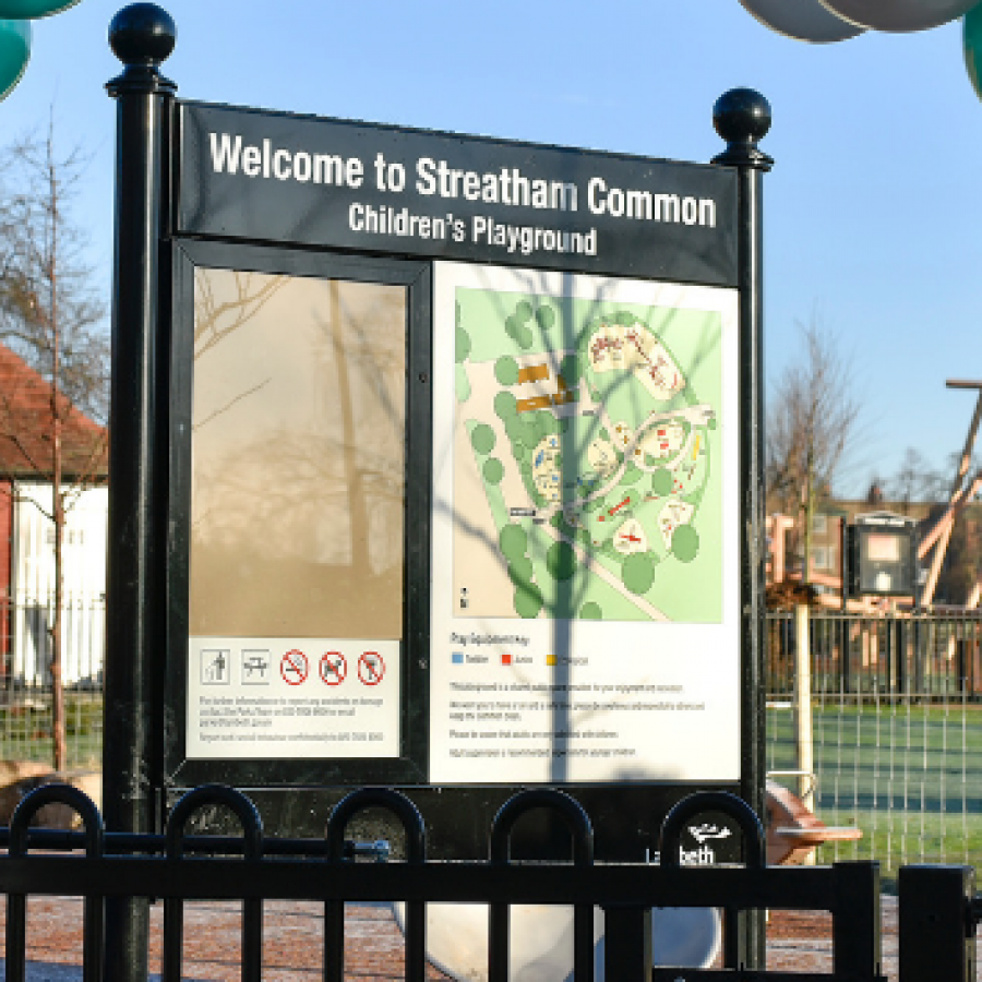 Entrance to Streatham Common children's playground grand opening with balloon arch