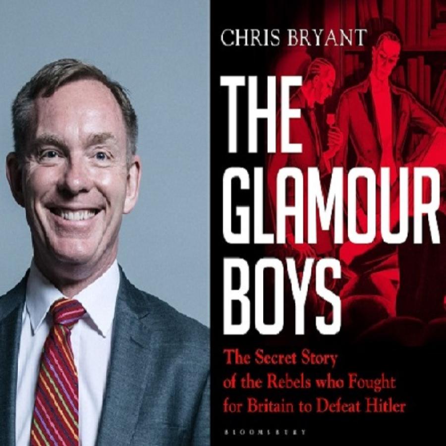 Photo of author Chris Bryant in suit & tie plus book cover illustration of men in evening clothes in red on black