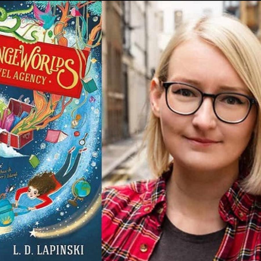 left: Strange Worlds Travel Agency Book Cover right: photo of author with glasses and fair hair