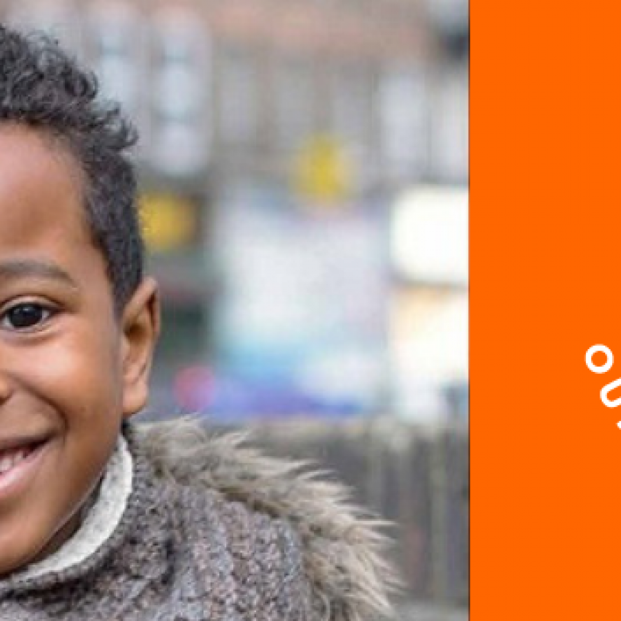 split image of Young boy smiling at camera and orange and white lambeth made logo 