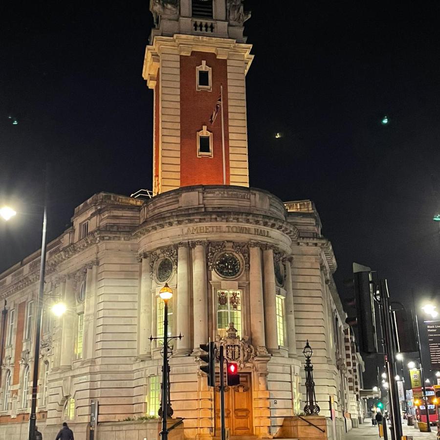 Lambeth Town Hall lit yellow