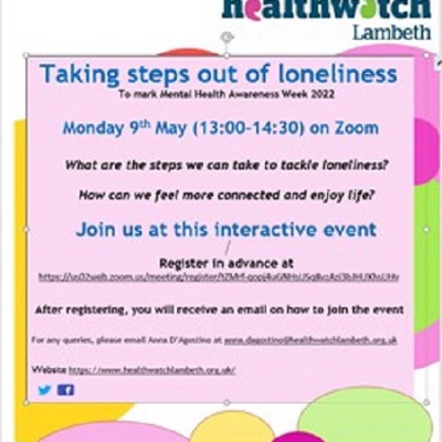 Taking steps out of loneliness with Healthwatch Lambeth flyer 9 May 2022