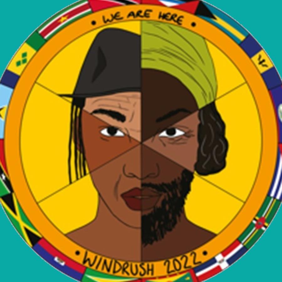 Windrush emblem man with many faces on turquoise green background