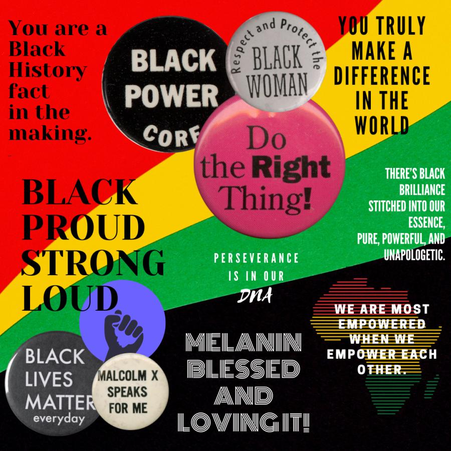 Badges with Black History Month slogans & more slogans on coloured background