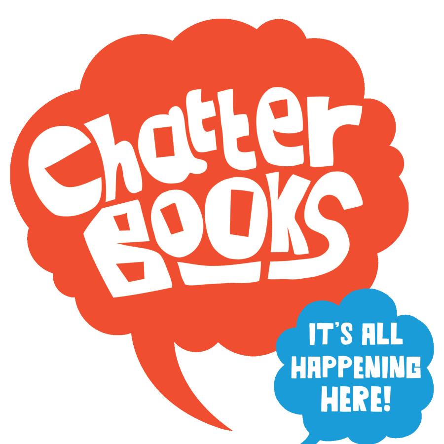 Chatterbooks logo - red cloud shaped speech bubble and blue cloud with 'it's all happening here'