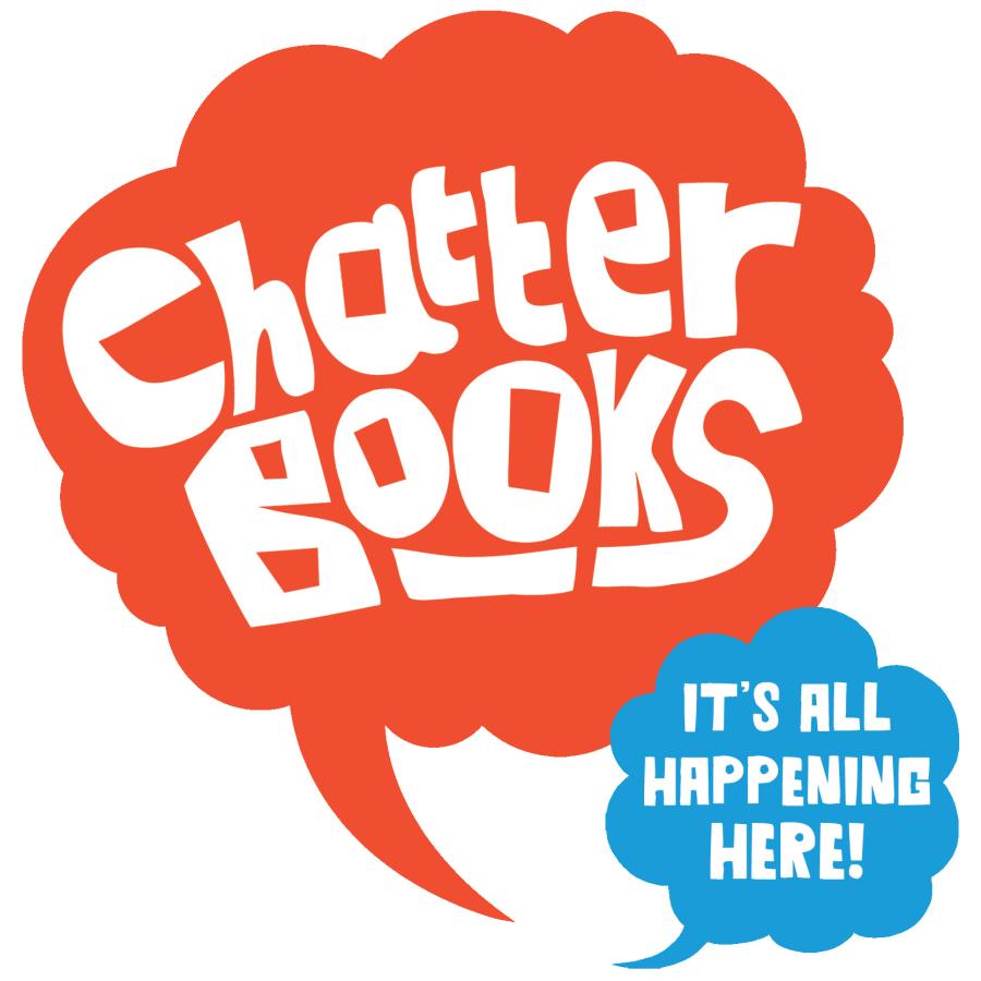 Chatterbooks logo - red cloud shaped speech bubble and blue cloud with 'it's all happening here'