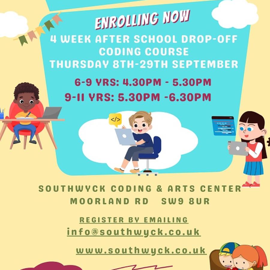 flyer for coding clubhouse at Southwyck coding & arts centre 6-11s Thursday 8-29 Sept 2022