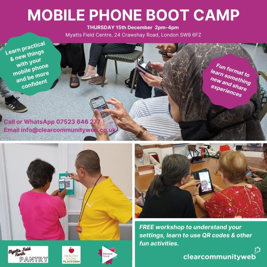 Mobile phone boot camp 3 x photos of people looking at phones